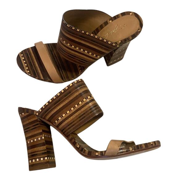Vince Camuto Brown & Beige Becca Heel Slip On Leather Sandals Size 9 Wood tone - Picture 1 of 12